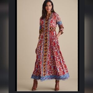 Soft Surroundings Carmela Boho Floral Embroidered Belted Red Maxi Dress Size 10